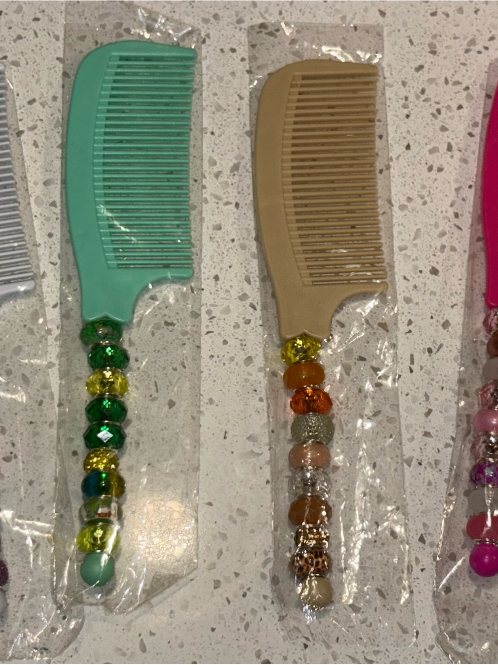 Beaded Handle Hair Comb - Mint and Tan pink and white